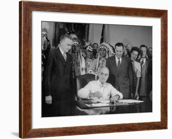 President Harry S. Truman Signing Bill Providing for Establishment of Indian Claims Commission-null-Framed Photographic Print