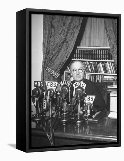 President Harry S. Truman Sitting in Chair Used by Formed President Franklin D. Roosevelt-Marie Hansen-Framed Premier Image Canvas