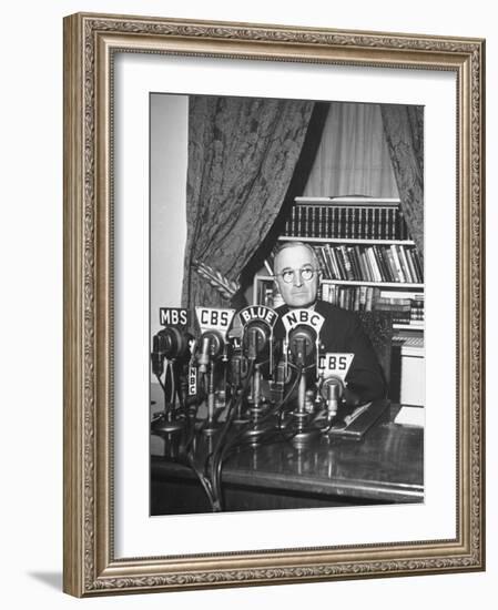 President Harry S. Truman Sitting in Chair Used by Formed President Franklin D. Roosevelt-Marie Hansen-Framed Photographic Print