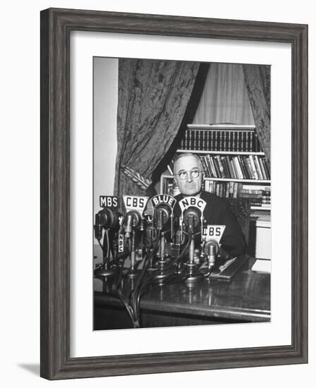 President Harry S. Truman Sitting in Chair Used by Formed President Franklin D. Roosevelt-Marie Hansen-Framed Photographic Print