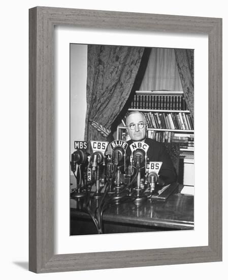 President Harry S. Truman Sitting in Chair Used by Formed President Franklin D. Roosevelt-Marie Hansen-Framed Photographic Print