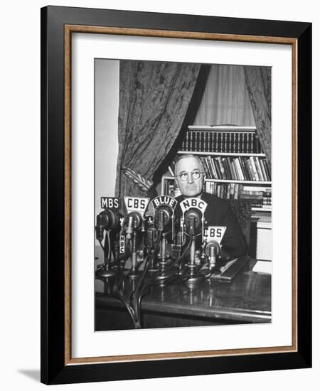 President Harry S. Truman Sitting in Chair Used by Formed President Franklin D. Roosevelt-Marie Hansen-Framed Photographic Print