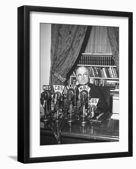 President Harry S. Truman Sitting in Chair Used by Formed President Franklin D. Roosevelt-Marie Hansen-Framed Photographic Print