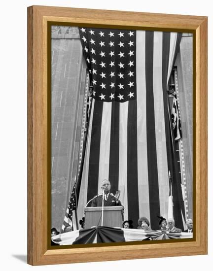 President Harry S. Truman Speaking Against Flag Backdrop During His Re-Election Campaign-Peter Stackpole-Framed Premier Image Canvas