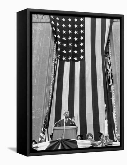 President Harry S. Truman Speaking Against Flag Backdrop During His Re-Election Campaign-Peter Stackpole-Framed Premier Image Canvas