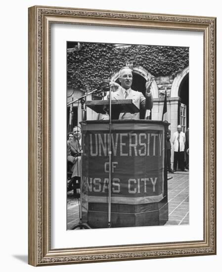 President Harry S. Truman Speaking at University of Kansas City-null-Framed Photographic Print