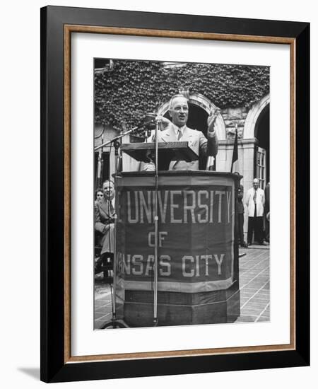 President Harry S. Truman Speaking at University of Kansas City-null-Framed Photographic Print
