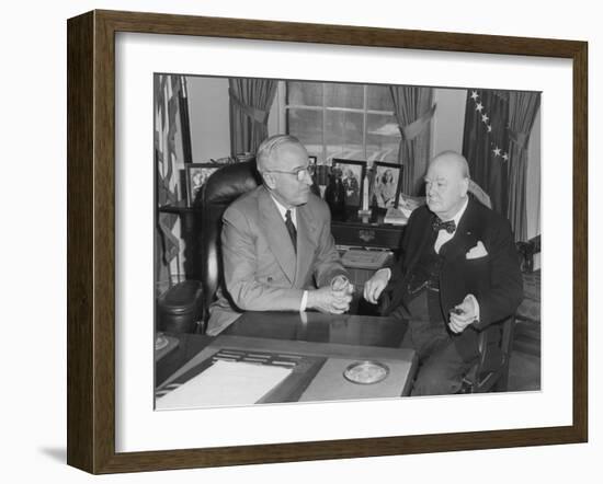 President Harry Truman Confers with British Prime Minister Winston Churchill in the Oval Office-null-Framed Photo