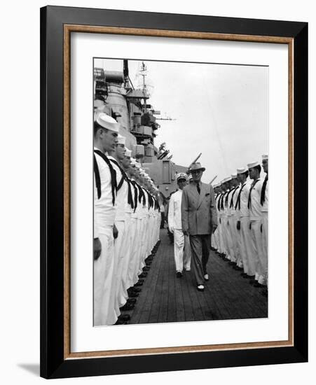 President Harry Truman Inspects the Personnel of the Uss Missouri-null-Framed Photo