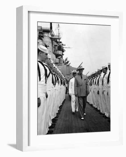 President Harry Truman Inspects the Personnel of the Uss Missouri-null-Framed Photo