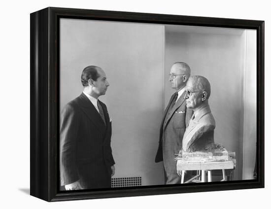 President Harry Truman Poses Next to the Bust by Artist Felix De Weldon (Left), Jan. 7, 1949-null-Framed Stretched Canvas