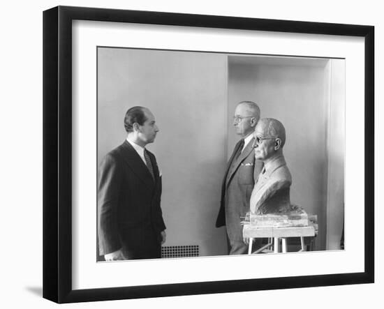 President Harry Truman Poses Next to the Bust by Artist Felix De Weldon (Left), Jan. 7, 1949-null-Framed Photo