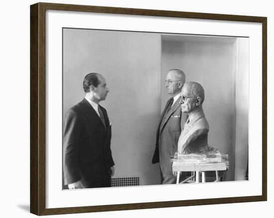 President Harry Truman Poses Next to the Bust by Artist Felix De Weldon (Left), Jan. 7, 1949-null-Framed Photo