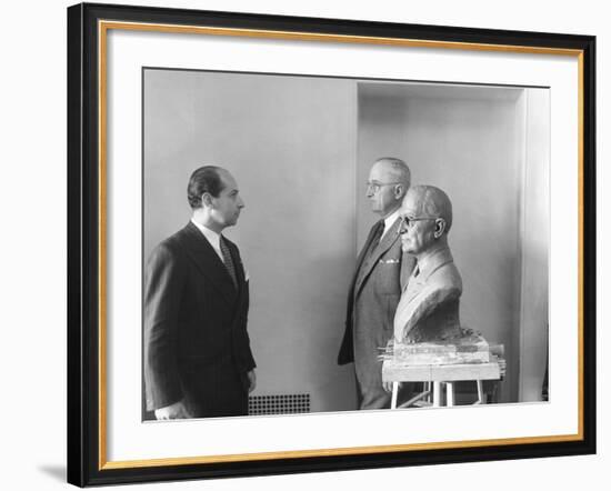 President Harry Truman Poses Next to the Bust by Artist Felix De Weldon (Left), Jan. 7, 1949-null-Framed Photo