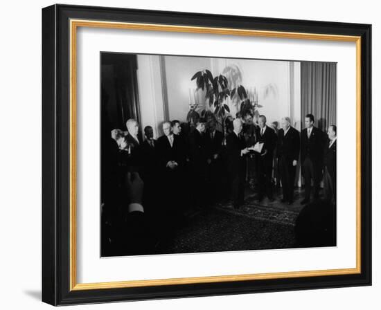 President Heinrich Lubke Handing Out Documents to Konrad Adenauer and Cabinet of His Resignation-Ralph Crane-Framed Photographic Print