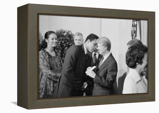 President Jimmy Carter Greets Mohammed Ali at a White House Dinner, Sept. 7, 1978-null-Framed Stretched Canvas