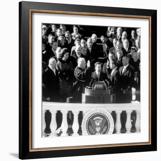 President Joh F. Kennedy Being Sworn in at the Inaugural Ceremony-null-Framed Photographic Print