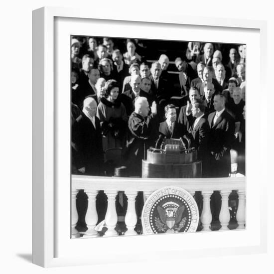 President Joh F. Kennedy Being Sworn in at the Inaugural Ceremony-null-Framed Photographic Print