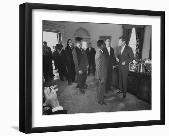 President John F. Kennedy and R. Sargent Shriver Greeting People at White House-null-Framed Photographic Print