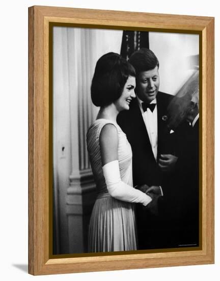 President John F. Kennedy, and Wife Jackie Greeting Guests at Party for Nobel Prize Winners-Art Rickerby-Framed Premier Image Canvas