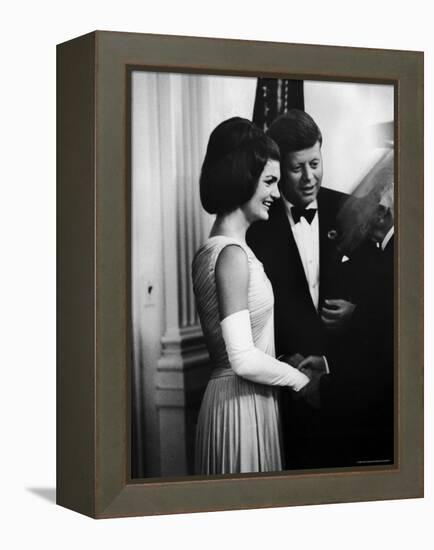 President John F. Kennedy, and Wife Jackie Greeting Guests at Party for Nobel Prize Winners-Art Rickerby-Framed Premier Image Canvas