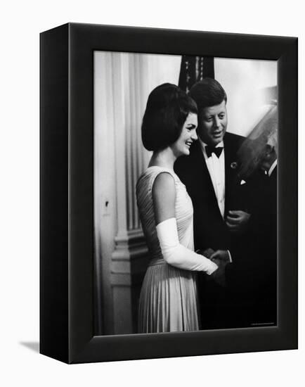 President John F. Kennedy, and Wife Jackie Greeting Guests at Party for Nobel Prize Winners-Art Rickerby-Framed Premier Image Canvas