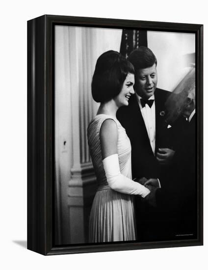 President John F. Kennedy, and Wife Jackie Greeting Guests at Party for Nobel Prize Winners-Art Rickerby-Framed Premier Image Canvas
