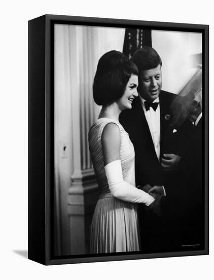 President John F. Kennedy, and Wife Jackie Greeting Guests at Party for Nobel Prize Winners-Art Rickerby-Framed Premier Image Canvas