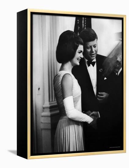 President John F. Kennedy, and Wife Jackie Greeting Guests at Party for Nobel Prize Winners-Art Rickerby-Framed Premier Image Canvas