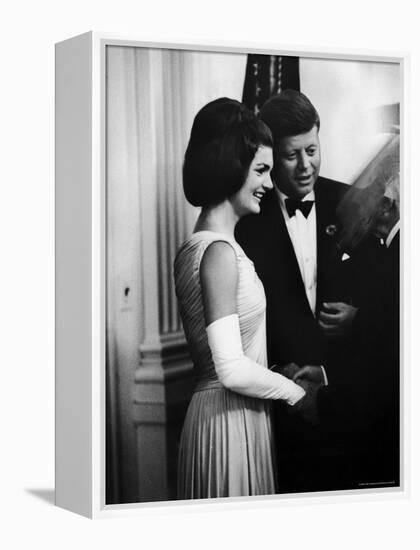 President John F. Kennedy, and Wife Jackie Greeting Guests at Party for Nobel Prize Winners-Art Rickerby-Framed Premier Image Canvas