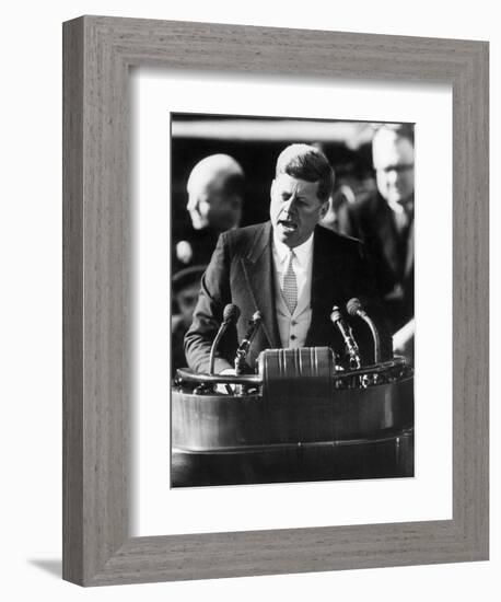 President John F. Kennedy Delivers Inaugural Address after Taking Oath of Office, January 20, 1961-null-Framed Photographic Print