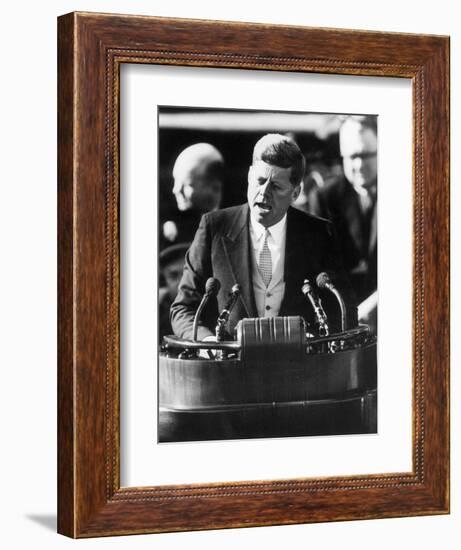 President John F. Kennedy Delivers Inaugural Address after Taking Oath of Office, January 20, 1961-null-Framed Photographic Print