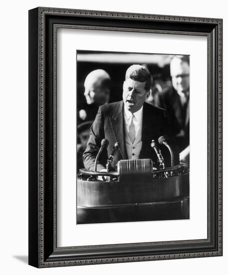 President John F. Kennedy Delivers Inaugural Address after Taking Oath of Office, January 20, 1961-null-Framed Photographic Print