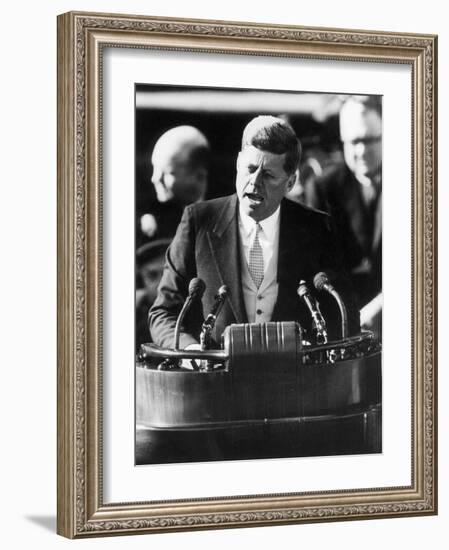 President John F. Kennedy Delivers Inaugural Address after Taking Oath of Office, January 20, 1961-null-Framed Photographic Print