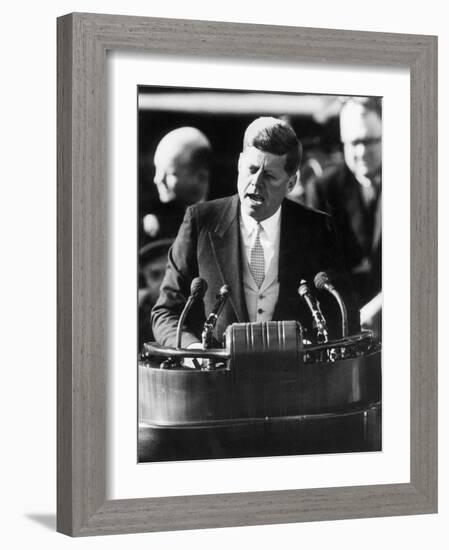 President John F. Kennedy Delivers Inaugural Address after Taking Oath of Office, January 20, 1961-null-Framed Photographic Print