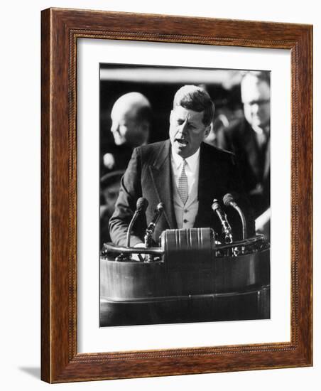 President John F. Kennedy Delivers Inaugural Address after Taking Oath of Office, January 20, 1961-null-Framed Photographic Print