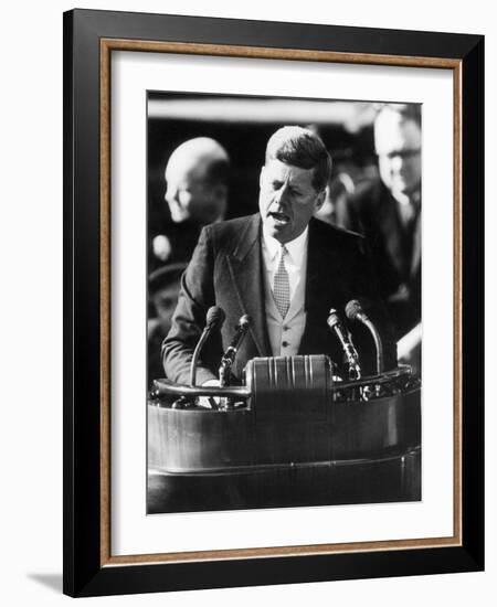 President John F. Kennedy Delivers Inaugural Address after Taking Oath of Office, January 20, 1961-null-Framed Photographic Print