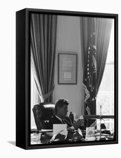 President John F. Kennedy in the Oval Office During the Steel Crisis-null-Framed Premier Image Canvas