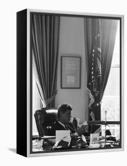 President John F. Kennedy in the Oval Office During the Steel Crisis-null-Framed Premier Image Canvas
