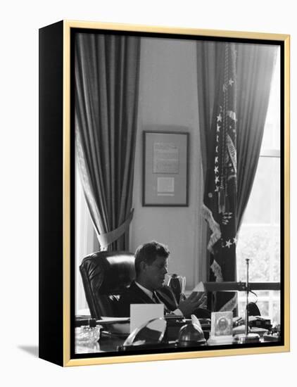 President John F. Kennedy in the Oval Office During the Steel Crisis-null-Framed Premier Image Canvas