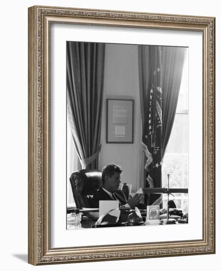 President John F. Kennedy in the Oval Office During the Steel Crisis-null-Framed Photographic Print