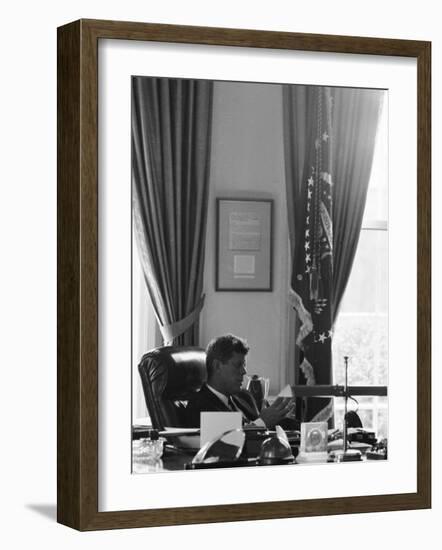 President John F. Kennedy in the Oval Office During the Steel Crisis-null-Framed Photographic Print