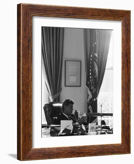 President John F. Kennedy in the Oval Office During the Steel Crisis-null-Framed Photographic Print