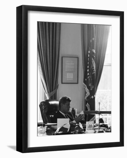 President John F. Kennedy in the Oval Office During the Steel Crisis-null-Framed Photographic Print