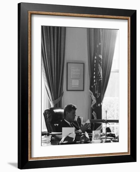 President John F. Kennedy in the Oval Office During the Steel Crisis-null-Framed Photographic Print