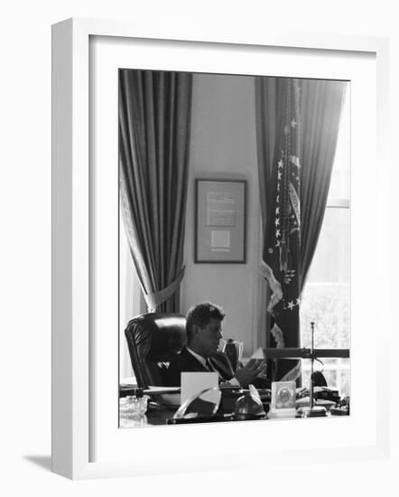 President John F. Kennedy in the Oval Office During the Steel Crisis-null-Framed Photographic Print