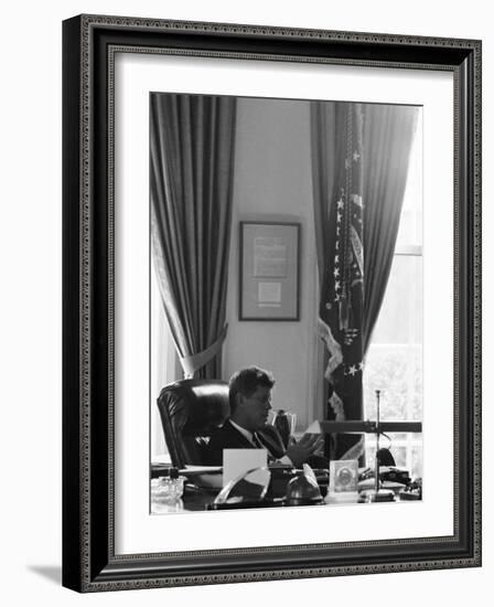 President John F. Kennedy in the Oval Office During the Steel Crisis-null-Framed Photographic Print