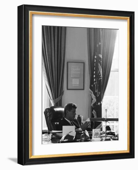 President John F. Kennedy in the Oval Office During the Steel Crisis-null-Framed Photographic Print