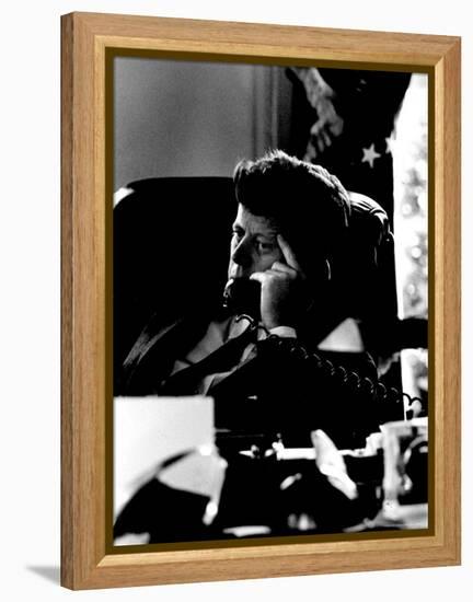 President John F. Kennedy Looking Serious on Telephone in White House during Cuban Missile Crisis-Art Rickerby-Framed Premier Image Canvas