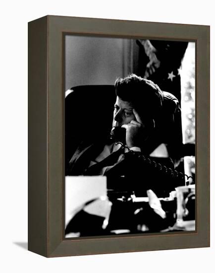 President John F. Kennedy Looking Serious on Telephone in White House during Cuban Missile Crisis-Art Rickerby-Framed Premier Image Canvas